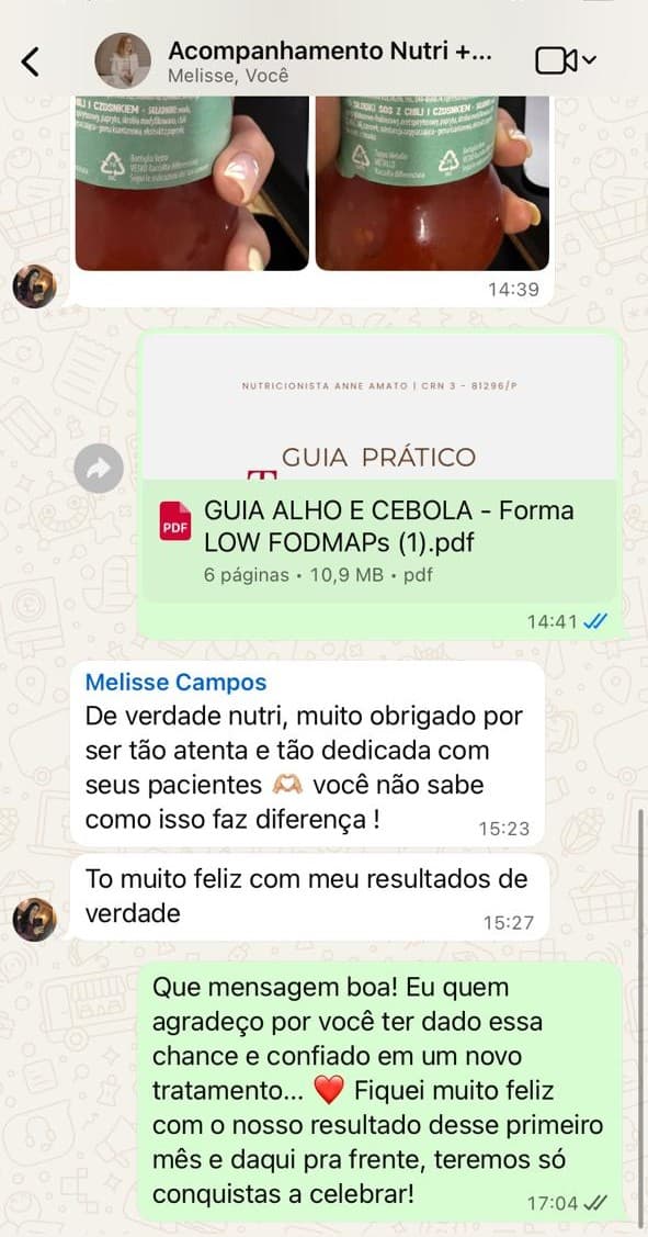 Conversa de Melisse Campos no WhatsApp: agradece a Anne por ser tão atenta e dedicada, muito feliz com o resultado.